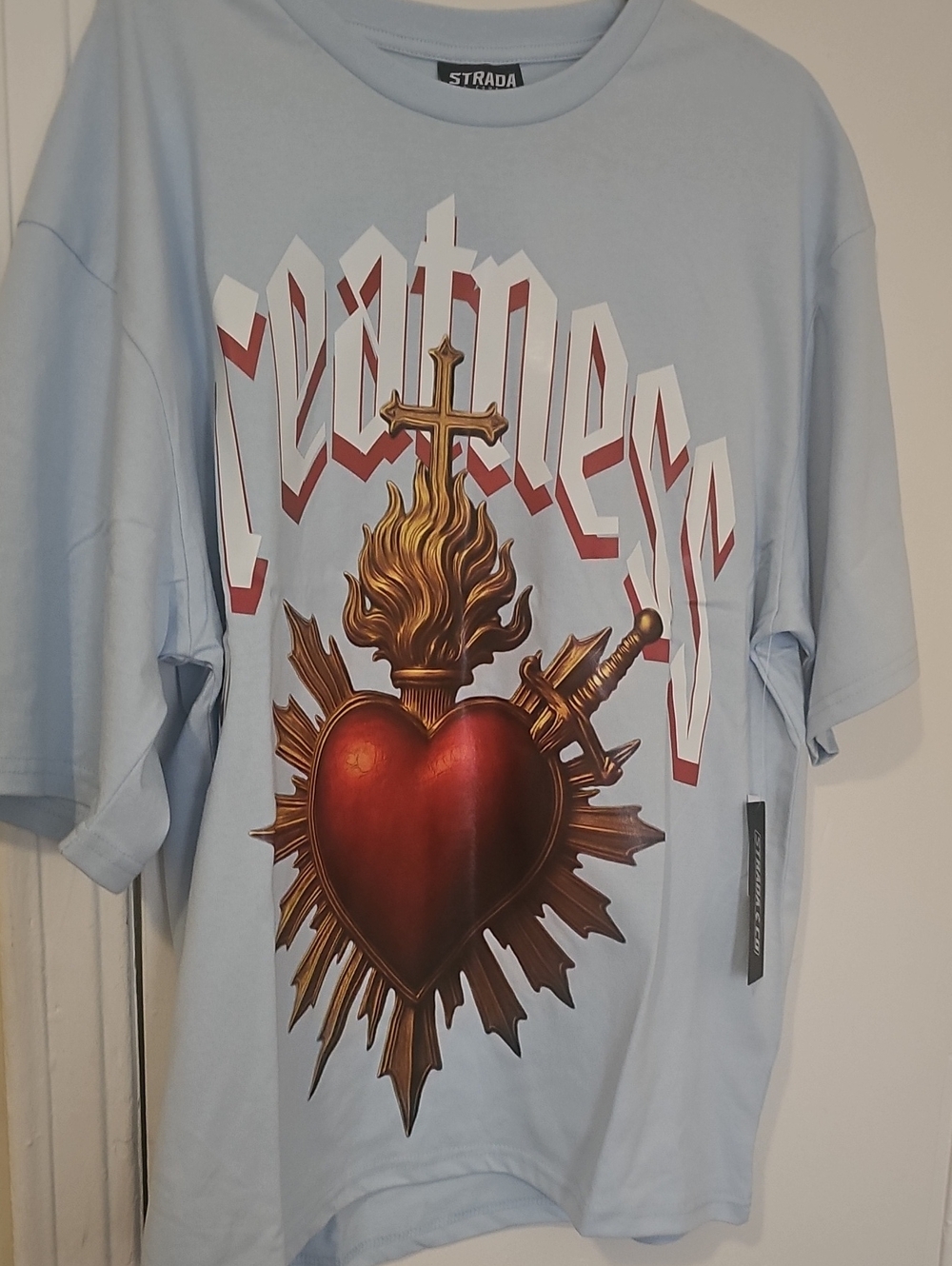 Strada Light Blue Tee with Red Sacred Heart Graphic